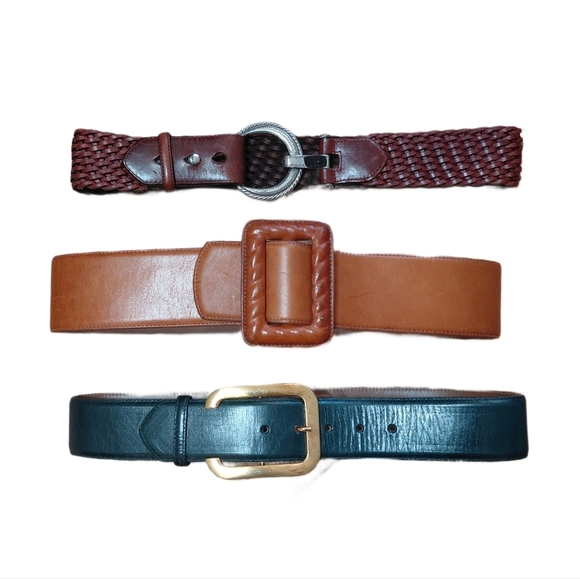 Set of Three Women\'s Wide Leather Belts Size 30 Brown, Green and Tan Statements